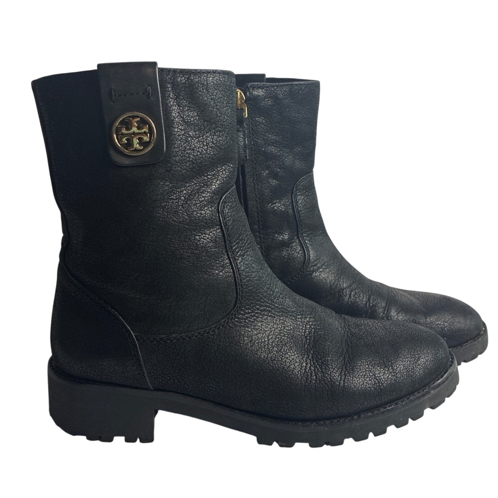 Tory Burch Black Pebbled Leather Logo Lug Sole‎ Ankle Boots 6M 32158726